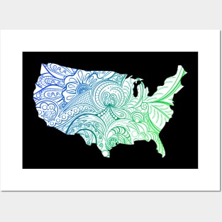 Colorful mandala art map of the United States of America in blue and green on white background Posters and Art